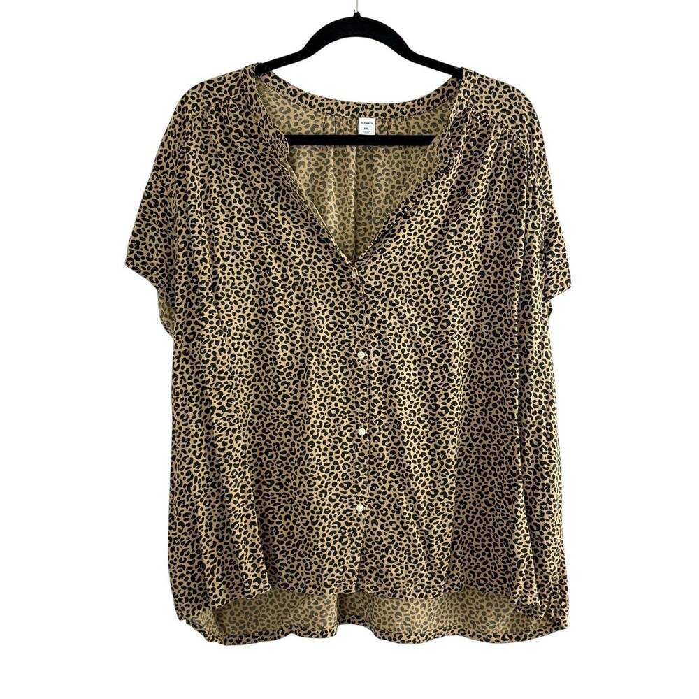 Old Navy Womens Shirt Adult Size XXL Black Cheetah Short Sleeve Button Up Casual